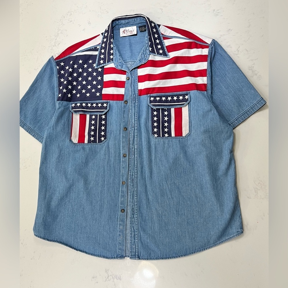 Patriotic Denim Shirt with Stars and Stripes